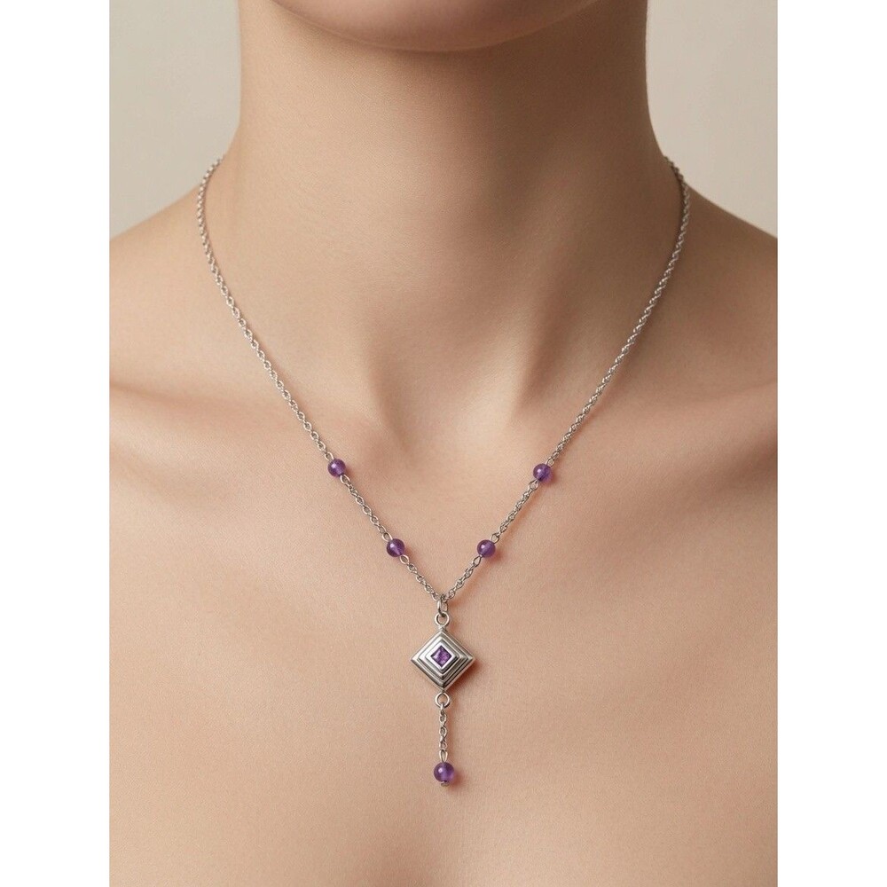 925 Sterling Silver Amethyst Drop Necklace Geometric Rhombus Pendant Chain